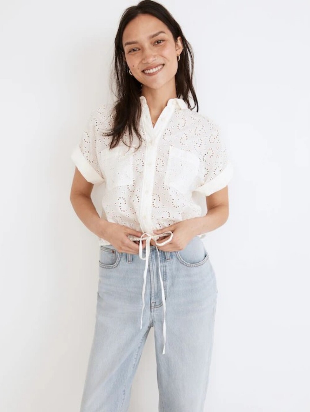 Madewell Eyelet Ivory Cotton Button-Up Drawstring Cropped Shirt Blouse Sz M